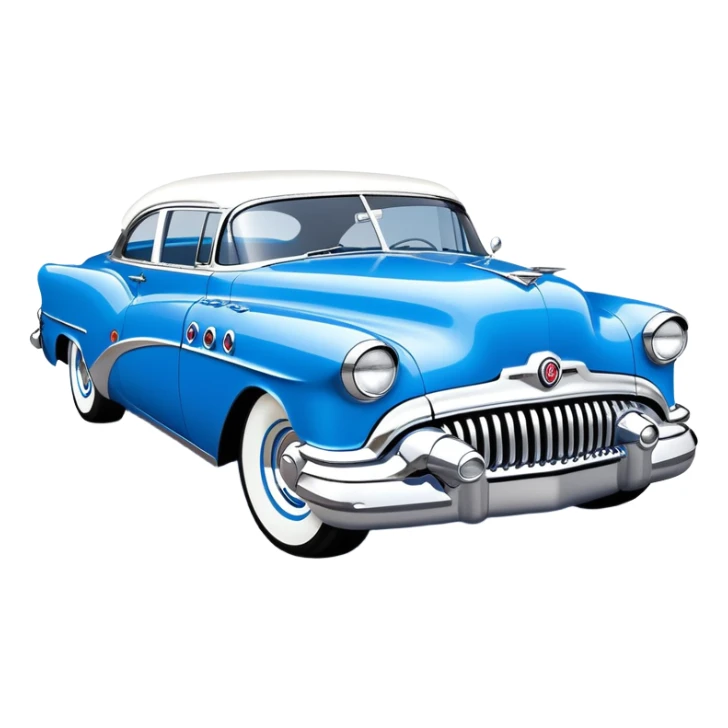 classic hot rod car, 1950s Buick Century influence, bright blue and white colors, chrome accents sticker