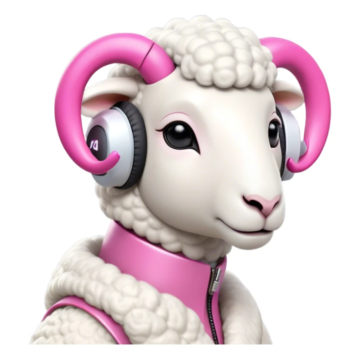 Sheep character with minimalist features and a distinctive high-tech earpiece that wraps around one ear. The earpiece should be sleek, futuristic and neutral-colored (silver or white) that complements the sheep's clean white body. The sheep has a trendy asymmetrical wool haircut dyed vibrant pink, with one side featuring an undercut style. The sheep wears simple, minimalist clothing without bold colors. Simple, bold shapes with minimal details but with a confident, slightly smirking expression that gives off a true trendsetter vibe - like this sheep is always ahead of the curve and knows it. sticker