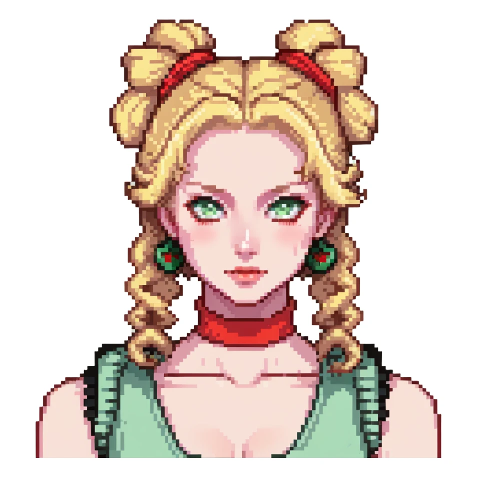 character with blonde, curly shoulder-length hair tied back with a red scrunchie, pale white skin, pale green eyes sticker