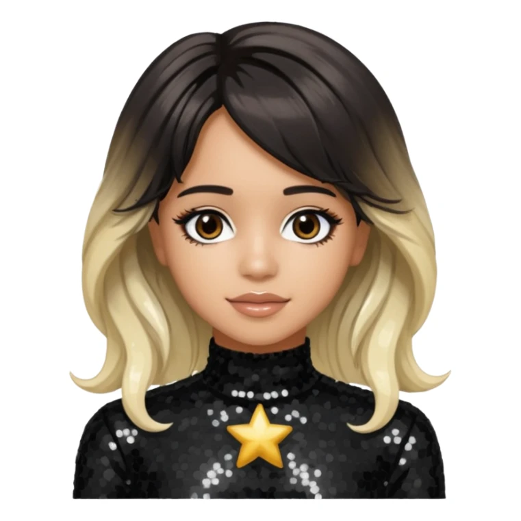Camila Cabello from Fifth Harmony with long dark brown with platinum blonde highlights hair, black sequin outfit sticker