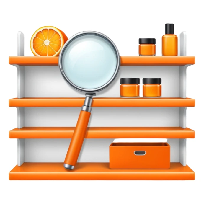 front view magnifying glass over orange beauty product shelf searching for last item sticker