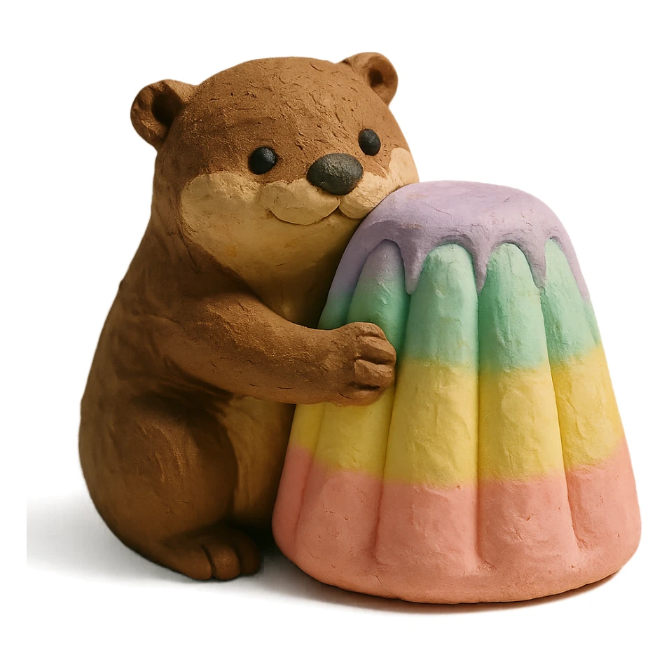 otter hugging pastel jelly cake in claymation style sticker
