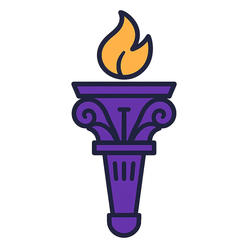 a violet torch inspired by NYU, with a glowing flame and elegant details, lineal color icon with black outlines sticker