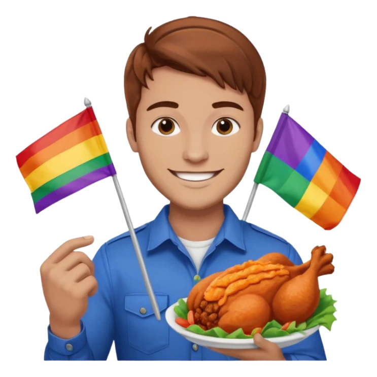 Guy with brown hair holding buffalo chicken and a gay pride flag sticker