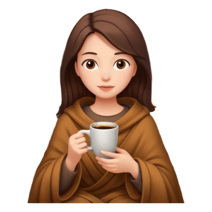 Girl cozy by the fire with brown blanket and coffee sticker