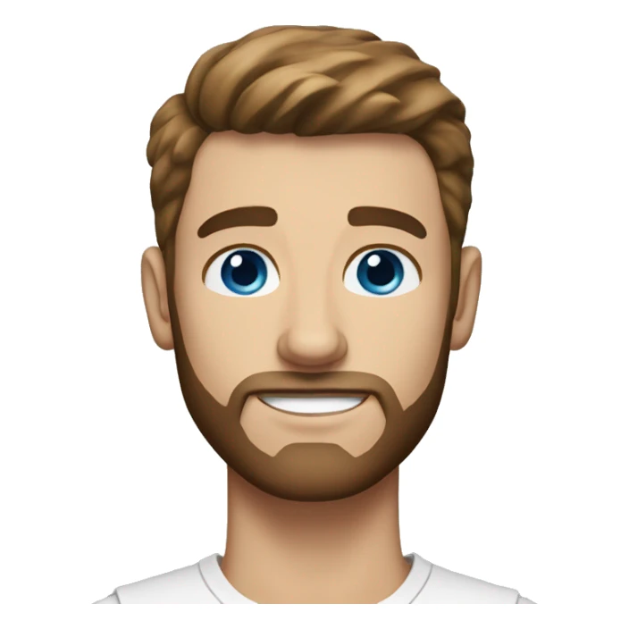 White man with brown hair, short beard, rounded face, blue eyes, thick and slightly pointy eyebrows, short hair. sticker