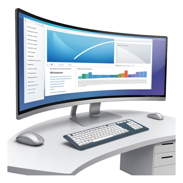 Create an emoji for UX/UI design. Show  large curved monitor displaying windows with UX/UI design HTML program interface. Include a mouse, keyboard, and stylus next to the screens. Use modern, professional colors. Do not include any emojis or smiley faces. Make the background transparent. sticker