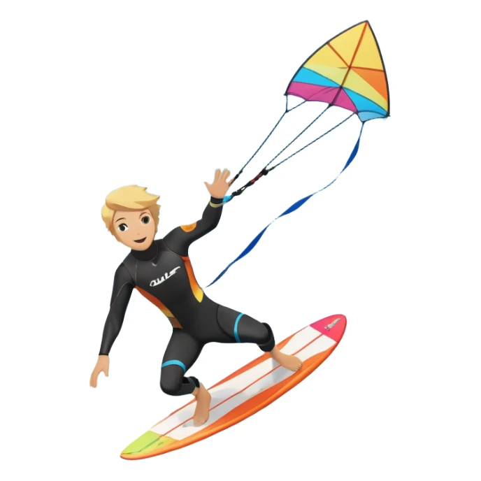 An athlete in a wetsuit riding a kiteboard, soaring over the waves with the kite high in the sky. The background features a vibrant blue sky and crashing ocean waves, capturing the thrill and freedom of kitesurfing in dynamic motion. sticker
