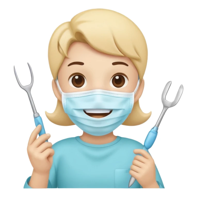 Cute tooth character wearing a face mask, holding dental tools, friendly and clean emoji style, flat illustration, simple design, white background. sticker