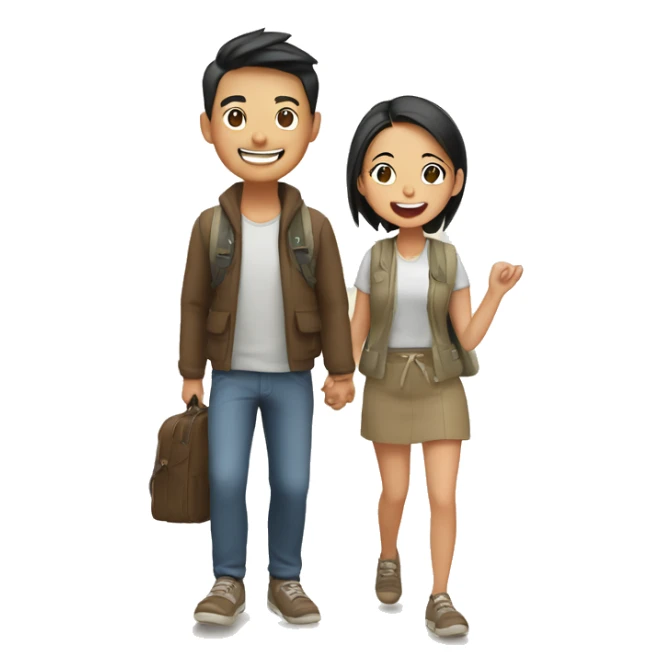 Cute young  Asian couple excitedly traveling  sticker
