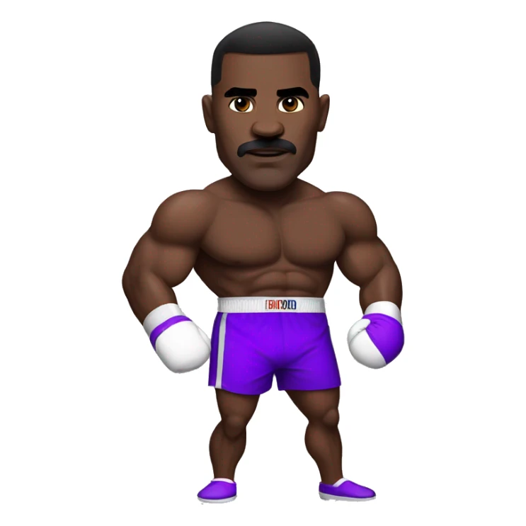 Evander Holyfield in his prime, in boxing attire, purple shorts, with guard half up sticker