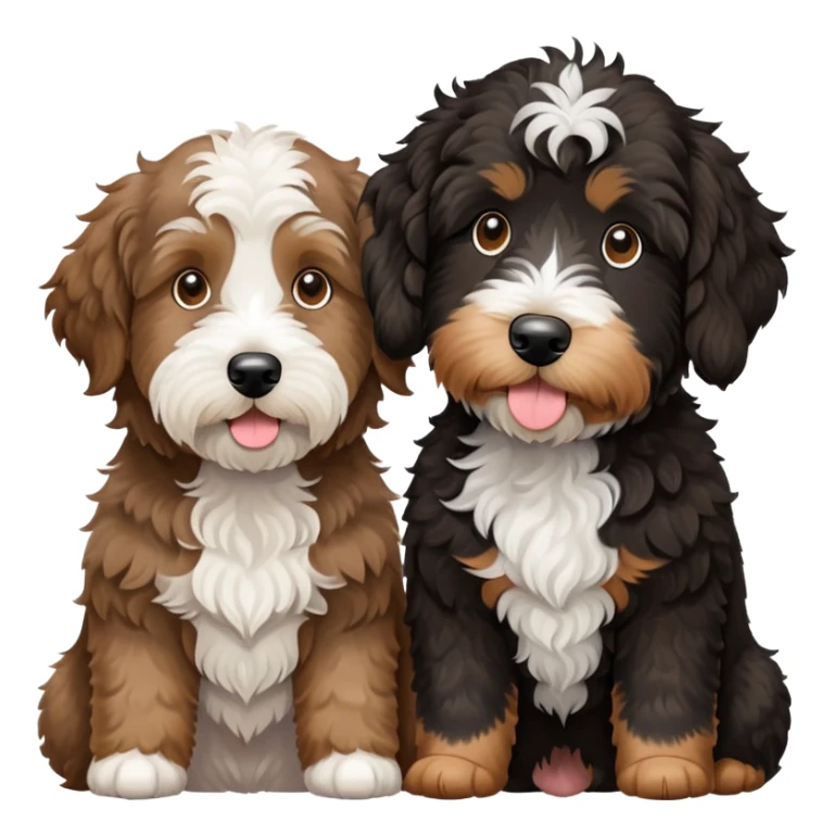 2 dogs: one light brown Aussiedoodle, one all-black Bernedoodle with white eyebrows some white markings, no brown coloring. Both same size. sticker