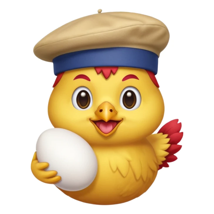 chicken wearing a French beret holding an egg, emoji style sticker