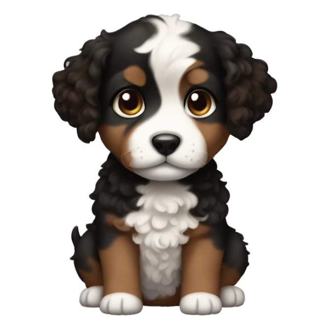 Puppy with curly black and brown fur and white chest sticker