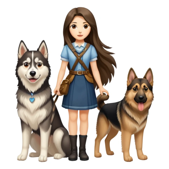 A long-haired girl is leading a husky and a German shepherd sticker