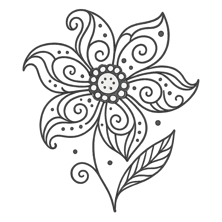 Один цветочек в стиле дудлинг — нарисован вручную, с тонкими завитками, узорами на лепестках, декоративными линиями и точками. Лепестки могут быть закручены или ажурные, как кружево sticker
