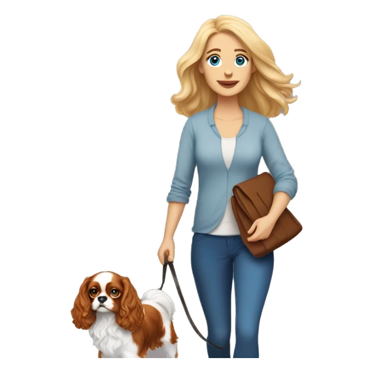A white woman with blue eyes walks with a cavalier King Charles spaniel sticker