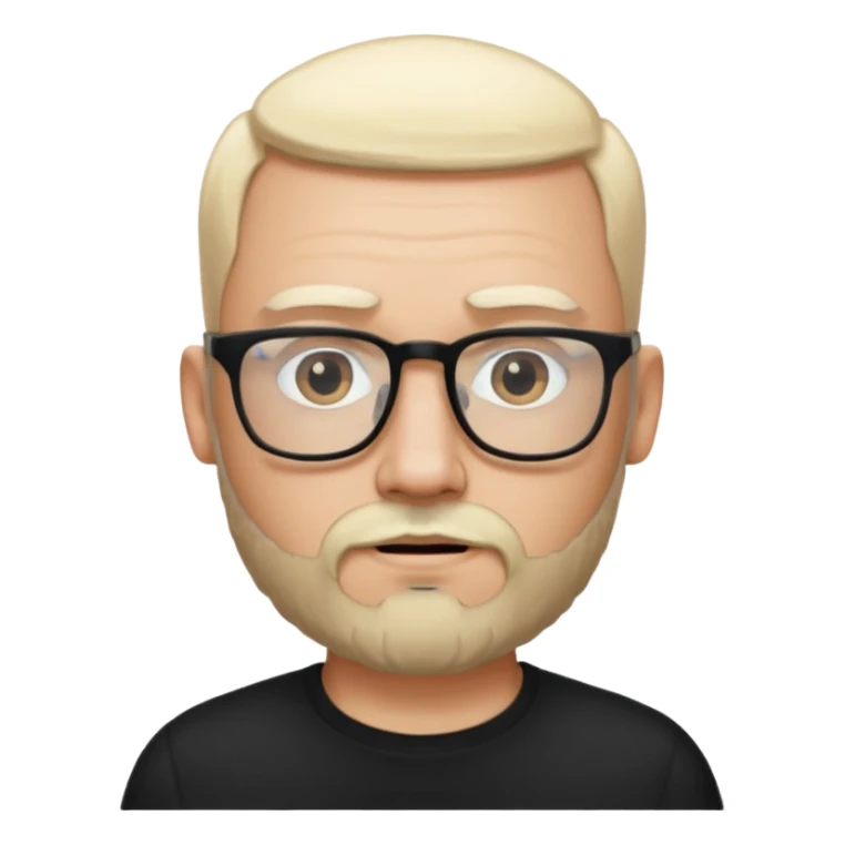bearded blonde bald man with eyeglasses with black shirt sticker