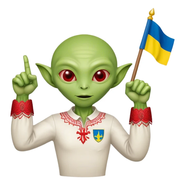 Green alien in Shirt 👚 vyshyvanka, white with red embodiary on sleeved, with 🇺🇦 Ukraine flag in a hand and 💪 sticker