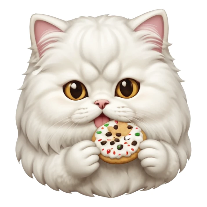 fluffy white Persian cat munching on a cookie, emoji style sticker