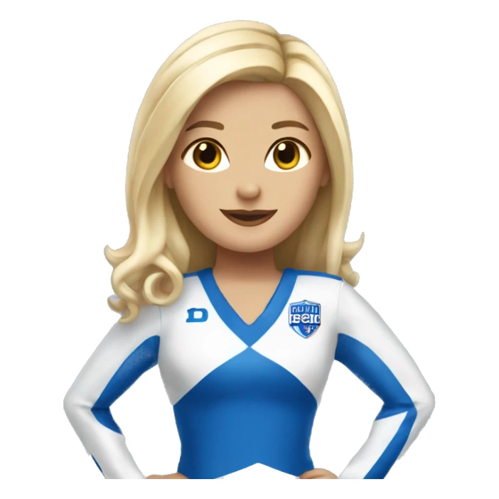 blond cheerleader wearing a blue and white uniform that says “dhs” on it  sticker