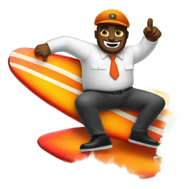 A-train conductor riding a surfboard in an ocean of lava white he makes himself a cocktail sticker