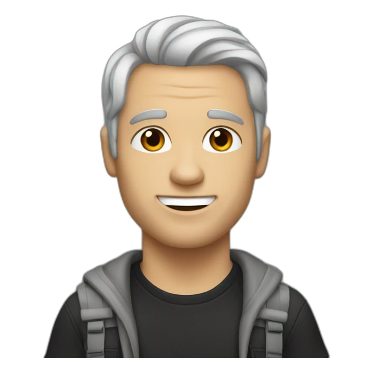 a shaved white man, with long dark brown hair, with a black t-shirt sticker