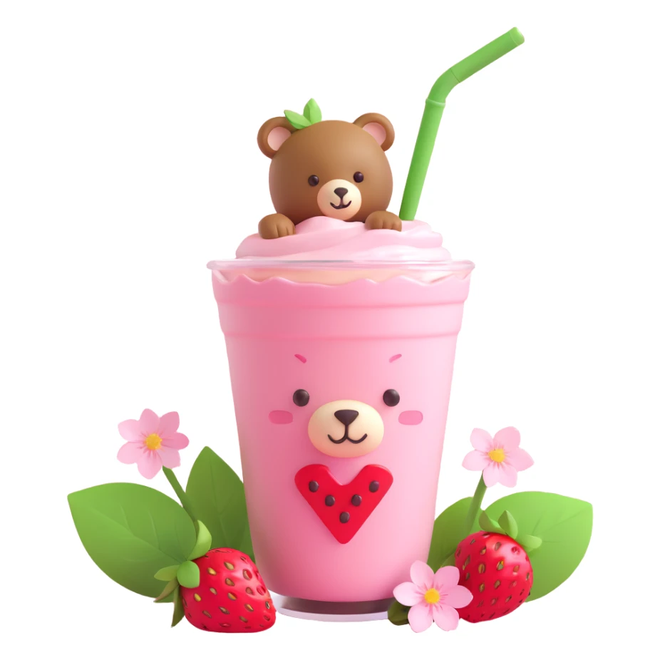 A strawberry milkshake cup with a straw, a cute bear peeking out, two strawberries with green leaves, and pink cherry blossom flowers, in 3D iOS style, pastel colors, soft shadows, clean and minimalistic design sticker