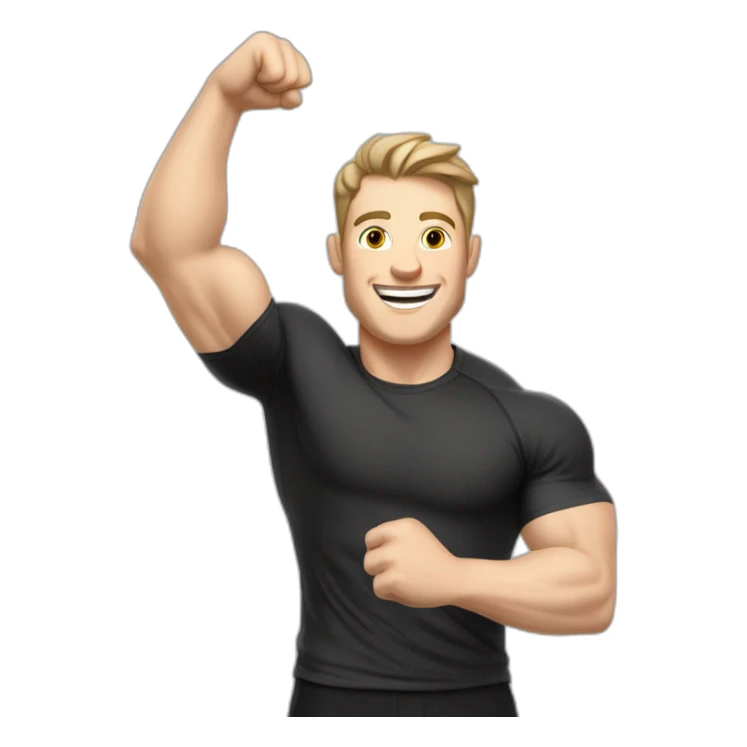 Joyful Celebrating victory Pale skinned Fit Man With the biceps and dark brown hair in black shirt, gray sports shorts and white Sneakers sticker