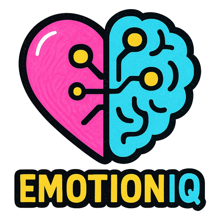 logo for EmotionIQ: a heart and brain merged, with digital lines and glowing nodes, conveying AI-powered emotional intelligence, sleek tech-inspired style sticker