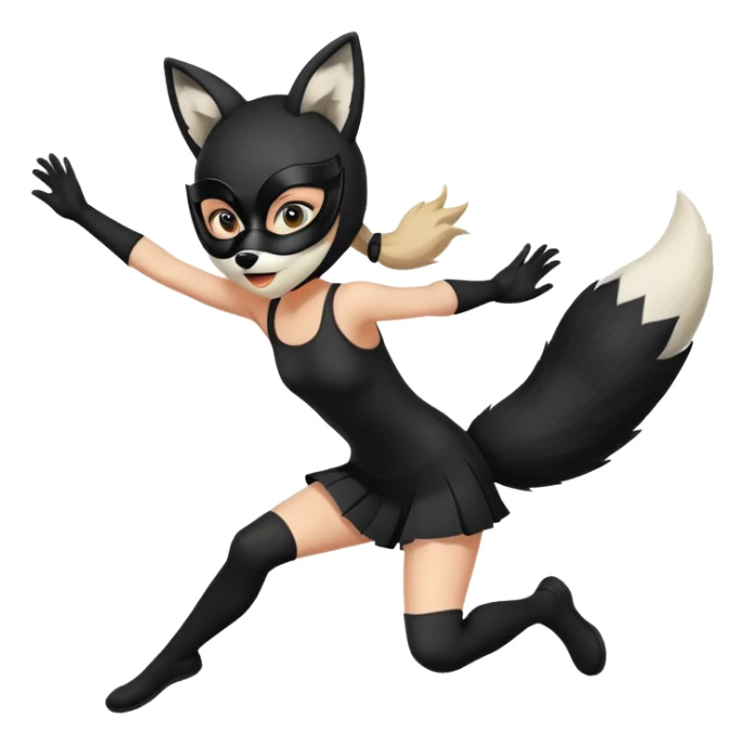 girl wearing a black fox mask and tail jumping sticker