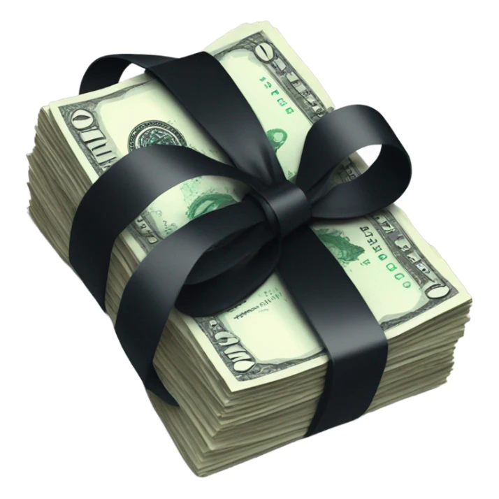 stack of banknotes tied with black ribbon sticker