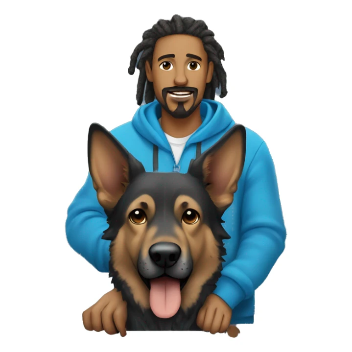 man with dreadlocks, mustache and goatee dressed in a blue hoodie alongside a brindle colored german shepherd dog sticker