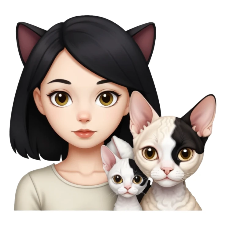 a  girl with black (long) hair with a white devon rex  sticker