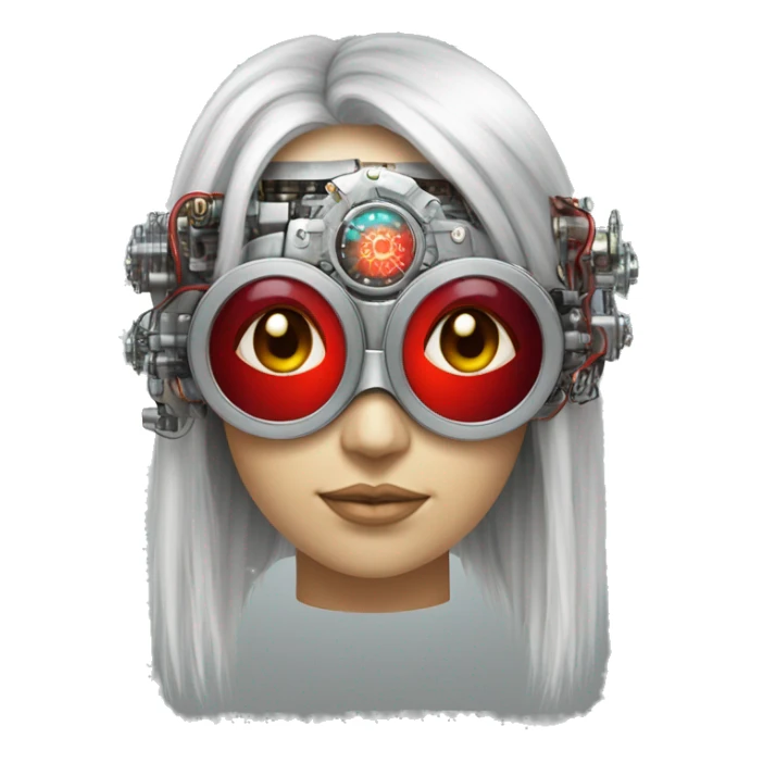 Silver long hair female cyborg head with red steampunk goggles and circuits sticker