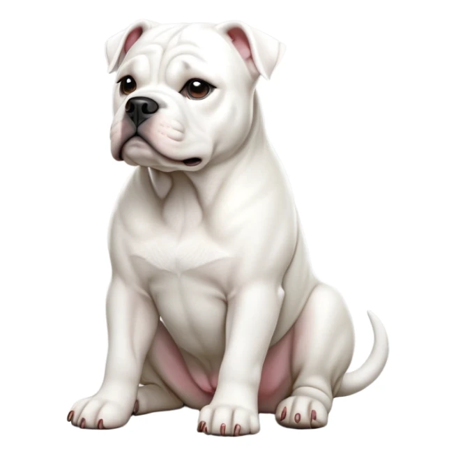 cinematic-[solid white american bulldog]-realistic-full-body-sitting-emoji,-tail-resting-loosely-beside-its-paws,-head-tilted-dramatically,-sleek-[solid white]-fur,-simplified-yet-realistic-focused-features,-highly-detailed,-glowing-with-an-almost-sarcastic-glow sticker