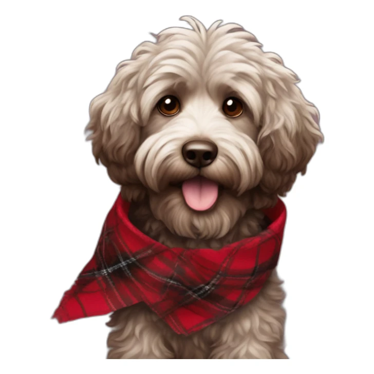 portrait Dark chocolate colored doodle with wavy fur wearing a red and black flannel handkerchief sticker