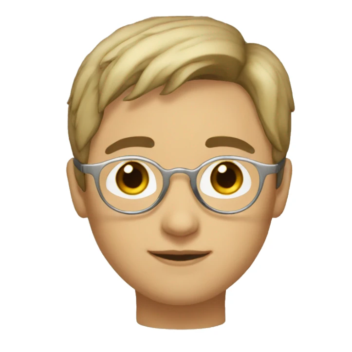 Short dark blond hair, dark eyes, round silver glasses, round nose sticker