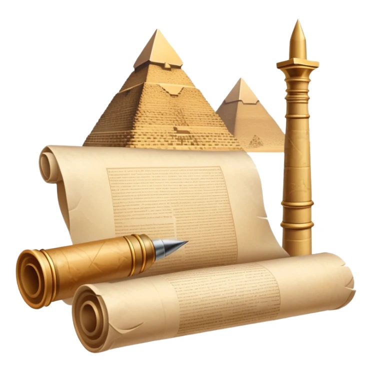 An icon showing a rolled parchment scroll, a quill pen, and ancient landmarks like pyramids and columns in the background. The design symbolizes the study of past civilizations, events, and heritage. Transparent background emphasizes the timeless exploration of human history. sticker
