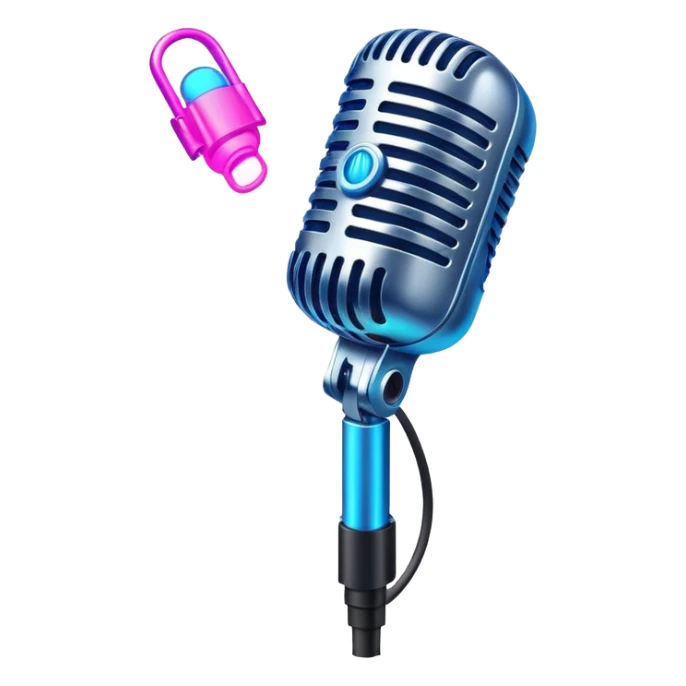 microphone with neon glow effect, blue neon glow on top left, pink neon glow on bottom right sticker