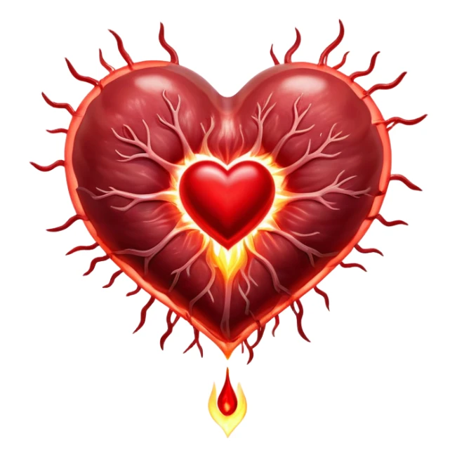 Glowing pieces of red meat floating around a red blood cell that shines brightly like a torch. Streams of light connect the blood cell to a heart and muscles, showing how heme iron creates energy and vitality throughout the body. sticker