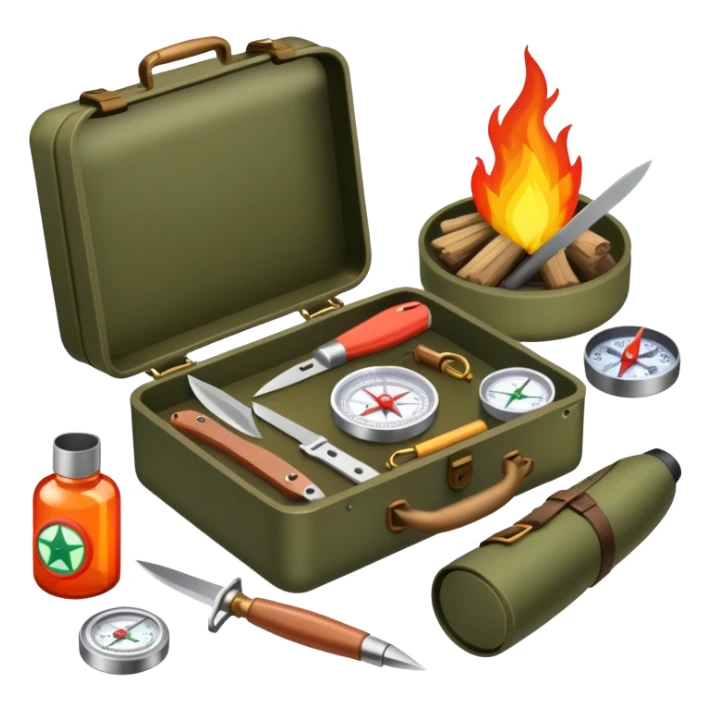 bushcraft survival kit with knife, compass, and fire starter sticker