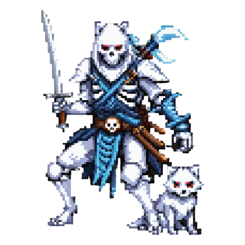 pixel art ninja skeleton wielding swords, accompanied by a white wolf sticker