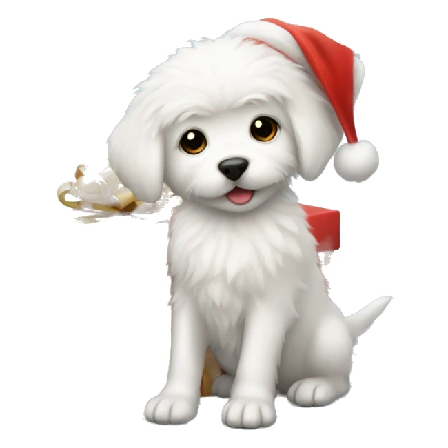 Fluffy white puppy wearing Santa hat with present sticker