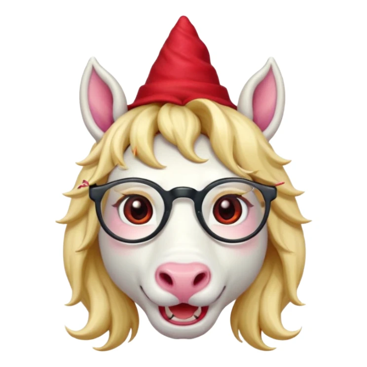 unicorn face cute wearing cute red hat, horn piercing through the hat looking in the camera, blond hair and spectacled. with big horn sticker