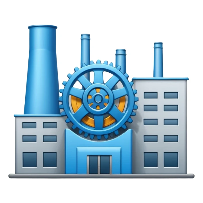 "A minimalist vector icon of a modern manufacturing factory building with a gear symbol above it. Blue and grey color scheme, flat design, white background, simple thick lines, professional business logo style." sticker