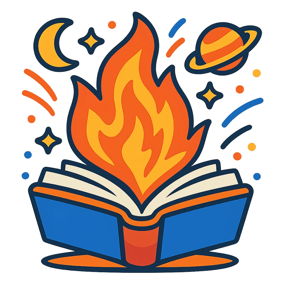 Keep the fun event icon with a book and fire, space themed, in vibrant toon style. Remove the background and make the icon transparent. sticker