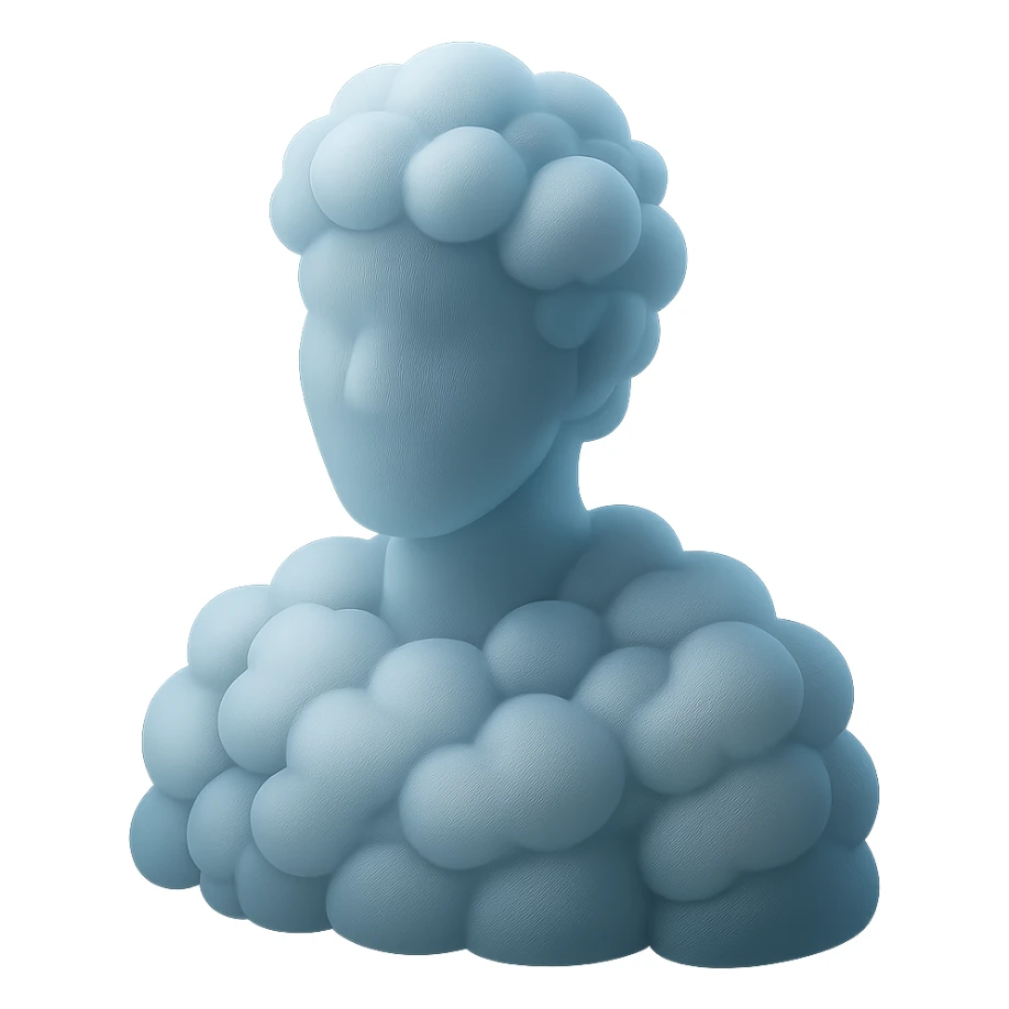 shoulder-up portrait of a person facing forward, fully composed of bright, convex clouds, matte glass style sticker