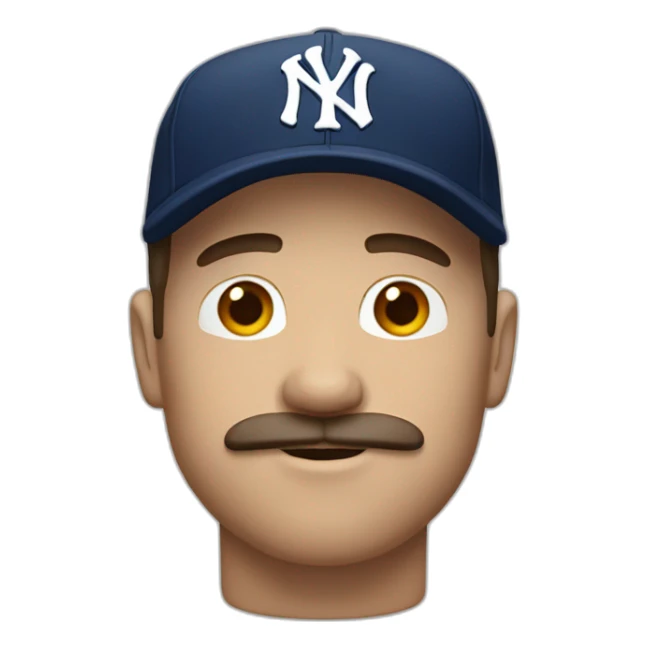white man with brown chops and ny baseball cap and mustache sticker