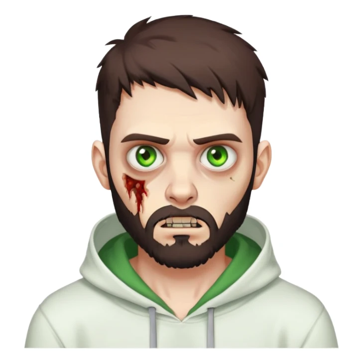 zombie pointing finger, undercut hairstyle with dark brown hair, short full beard, heterochromia with one green eye and one brown eye, wearing plain white hoodie sticker